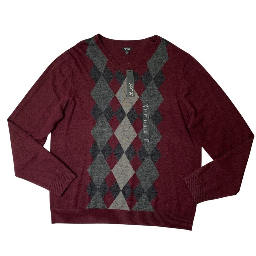 Apt 9 Sweater Mens 2XL Burgundy Wool Blend Argyle Long Sleeve V Neck Pullover